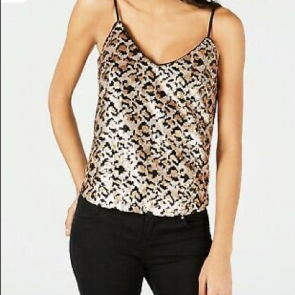 HEARTLOOM sequin leopard print v-neck cami top.